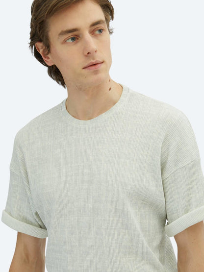 Açık Haki Baskılı Bisiklet Yaka Pamuk Karışımlı T-shirt