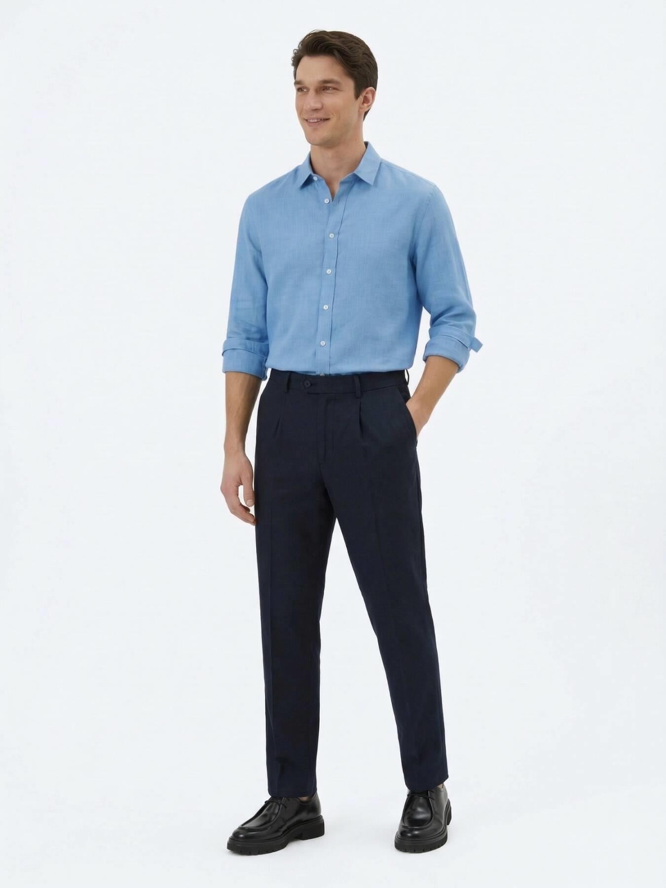 Lacivert Dokuma Loose Fit Casual Pantolon