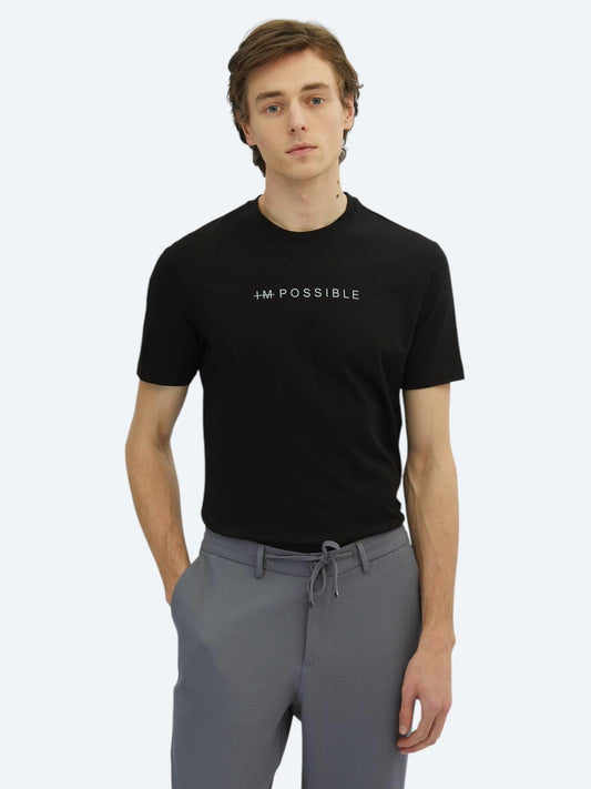 Siyah Baskılı Bisiklet Yaka %100 Pamuk T-shirt
