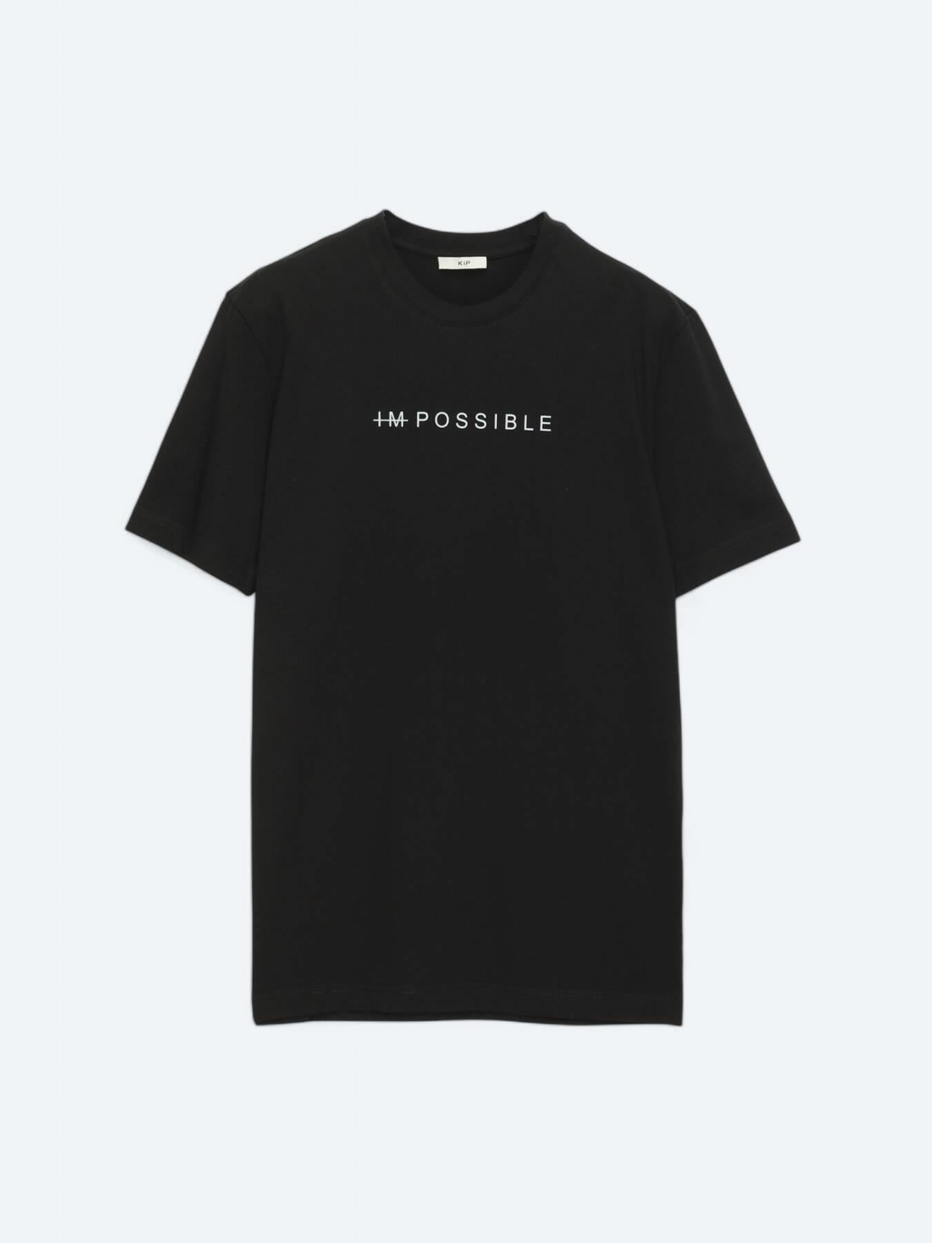Siyah Baskılı Bisiklet Yaka %100 Pamuk T-shirt