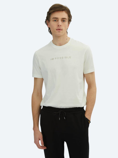 Kırık Beyaz Baskılı Bisiklet Yaka %100 Pamuk T-shirt