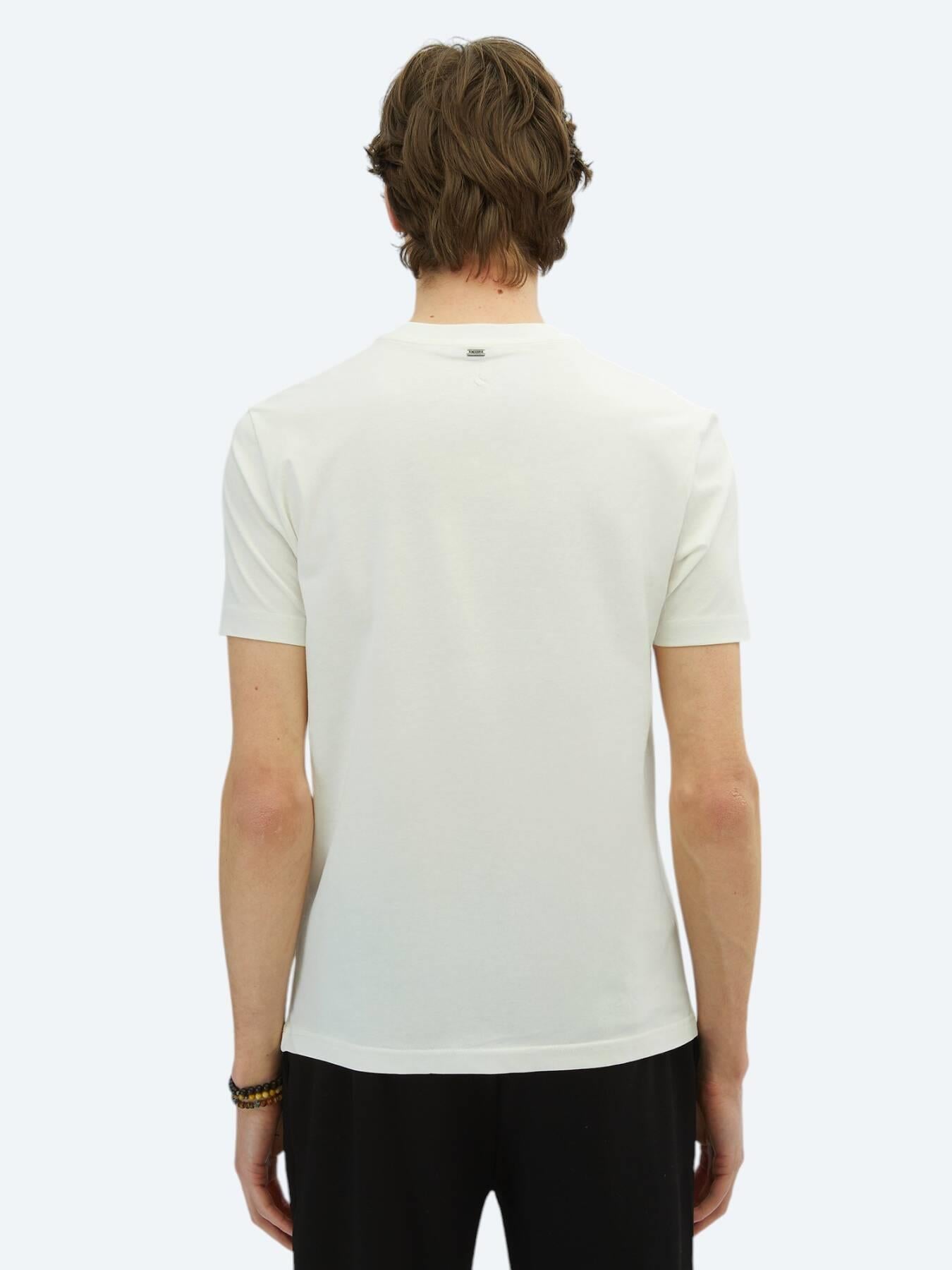 Kırık Beyaz Baskılı Bisiklet Yaka %100 Pamuk T-shirt