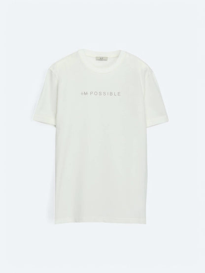 Kırık Beyaz Baskılı Bisiklet Yaka %100 Pamuk T-shirt