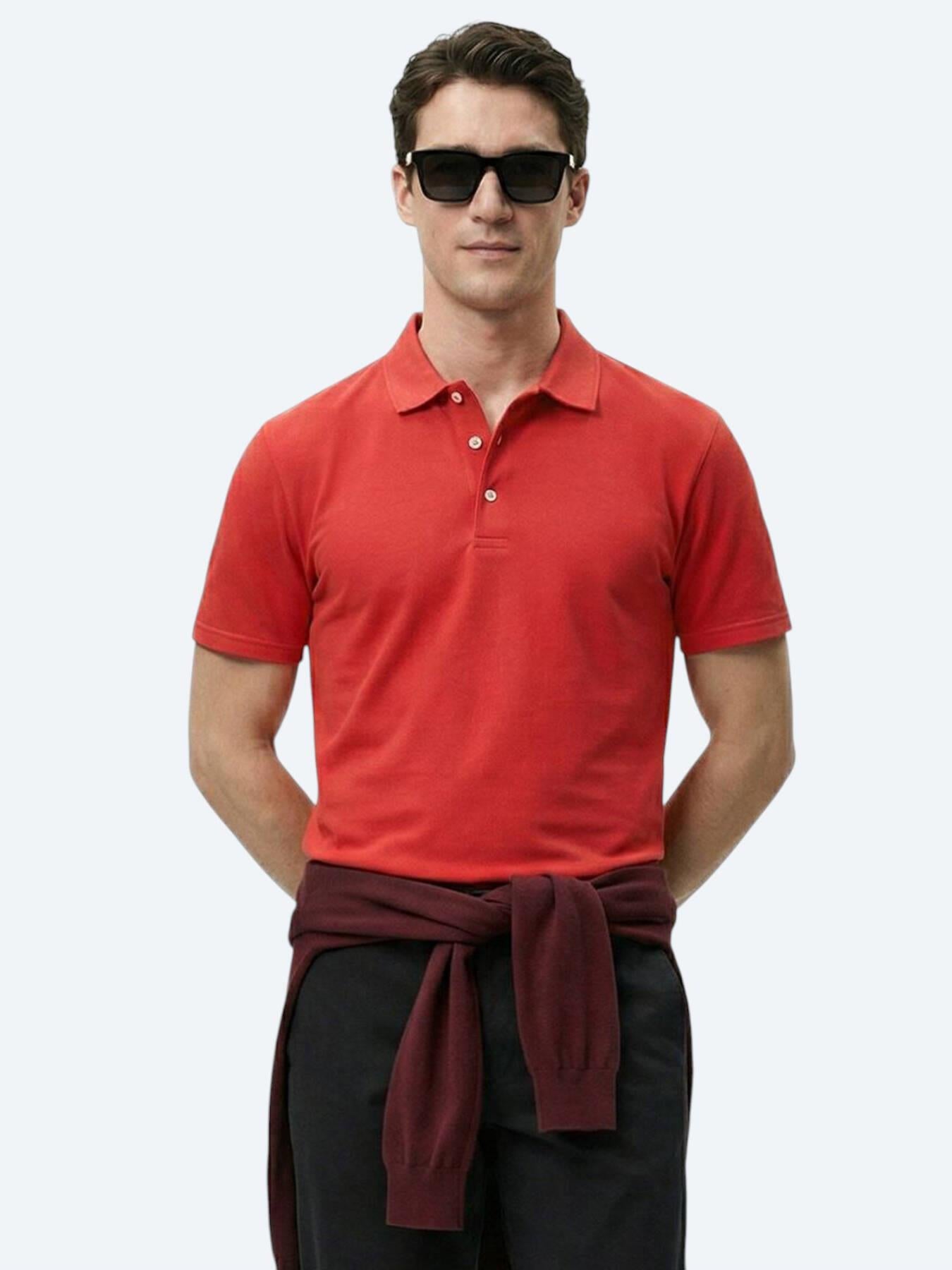 Kırmızı Düz Polo Yaka %100 Pamuk T-shirt