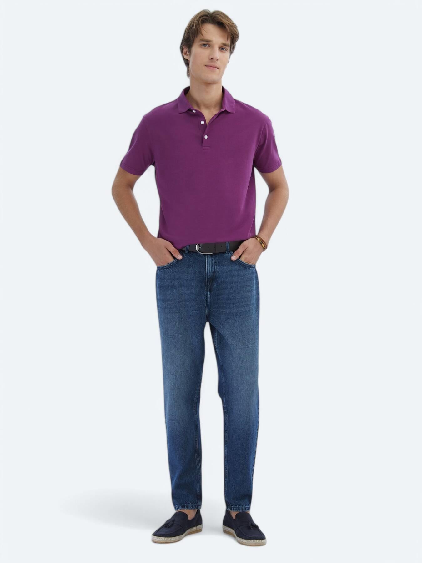 Mürdüm Düz Polo Yaka %100 Pamuk T-shirt
