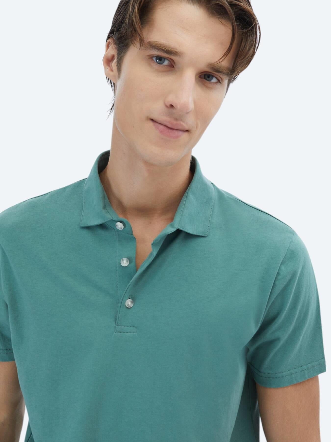 Nil Yeşili Düz Polo Yaka %100 Pamuk T-shirt