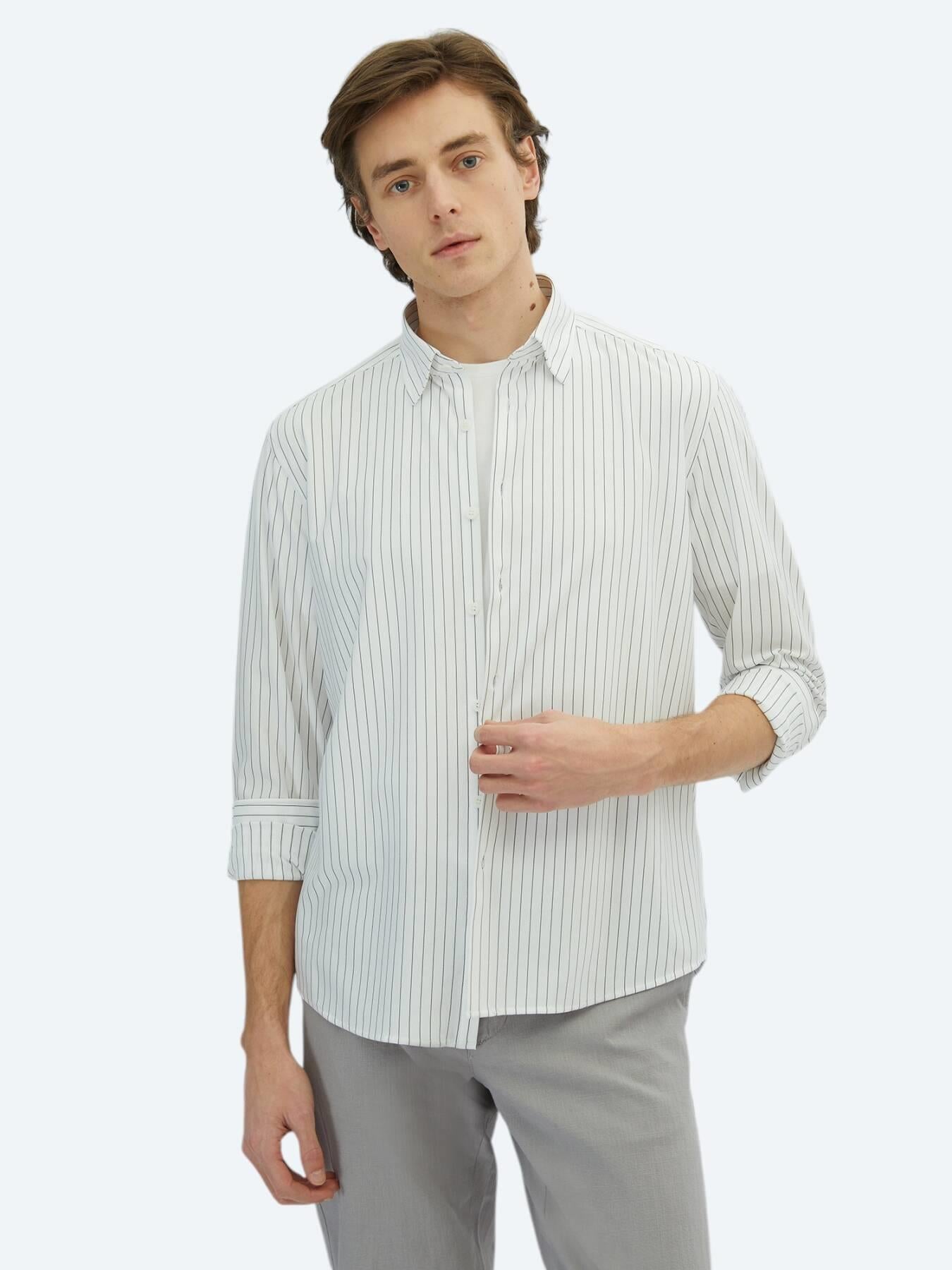 Siyah Çizgili Regular Fit Uzun Casual Pamuk Karışımlı Gömlek