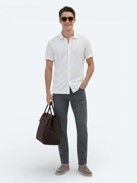 Beyaz Desenli Regular Fit Kısa Casual %100 Pamuk Gömlek