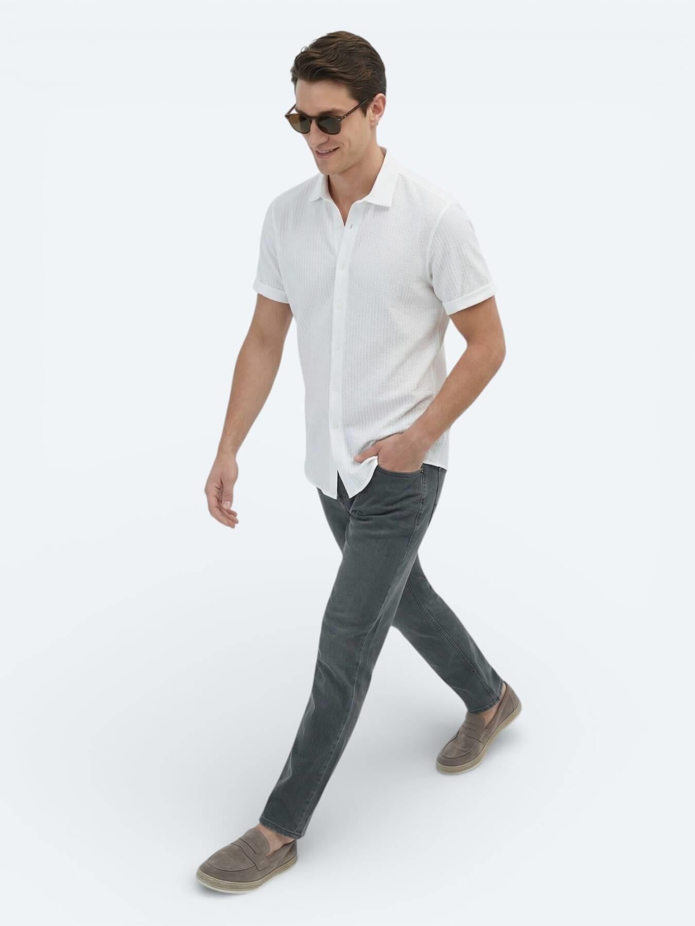 Beyaz Desenli Regular Fit Kısa Casual %100 Pamuk Gömlek