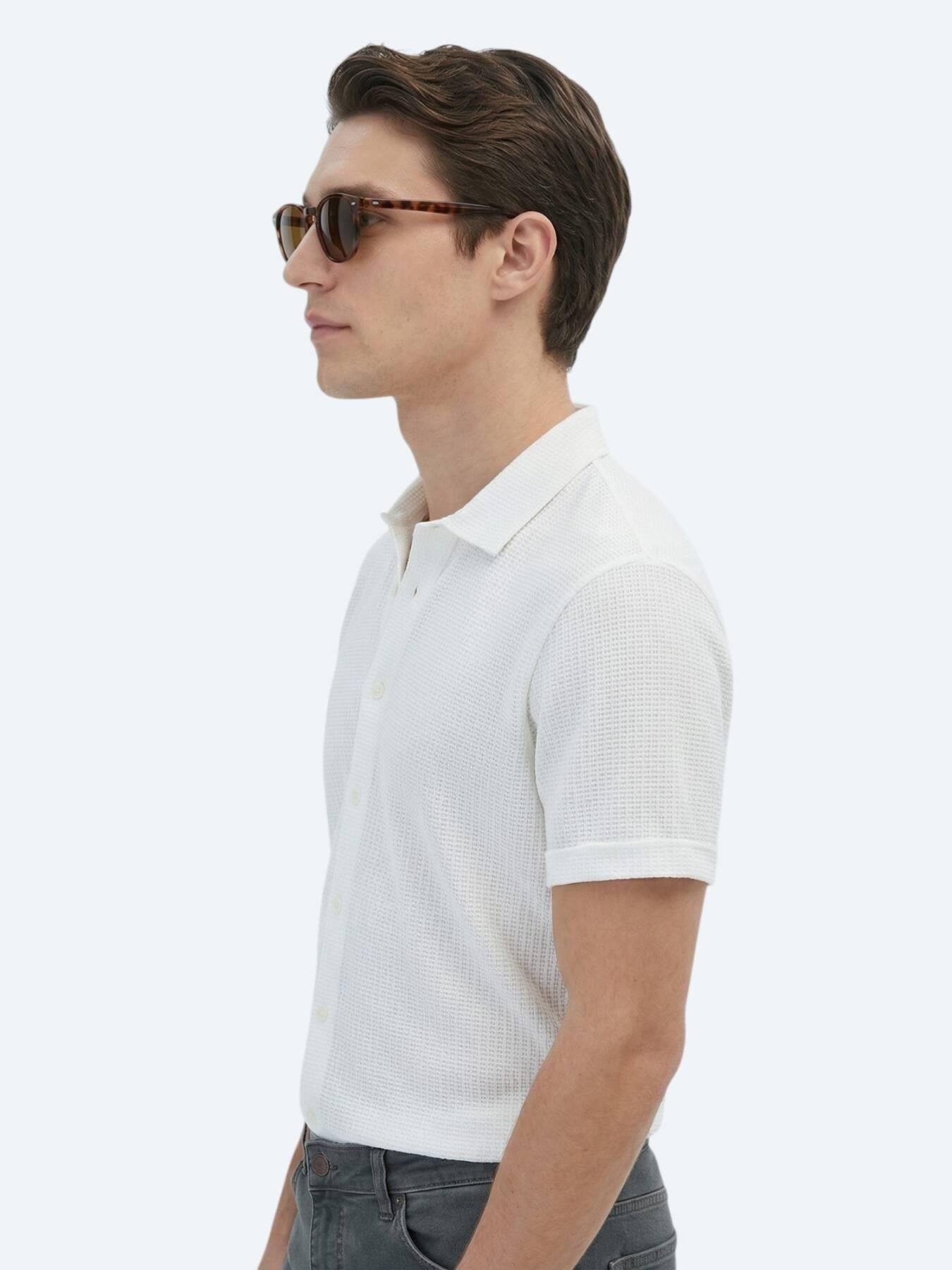Beyaz Desenli Regular Fit Kısa Casual %100 Pamuk Gömlek