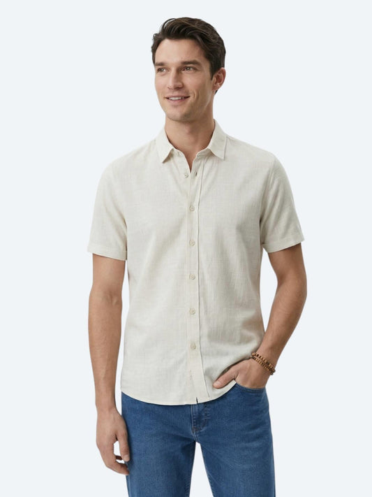 Bej Desenli Regular Fit Kısa Casual Gömlek