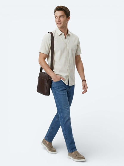 Bej Desenli Regular Fit Kısa Casual Gömlek