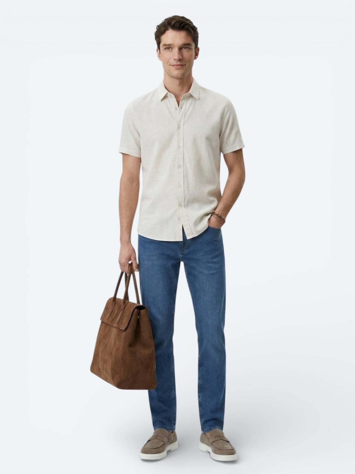 Bej Desenli Regular Fit Kısa Casual Gömlek