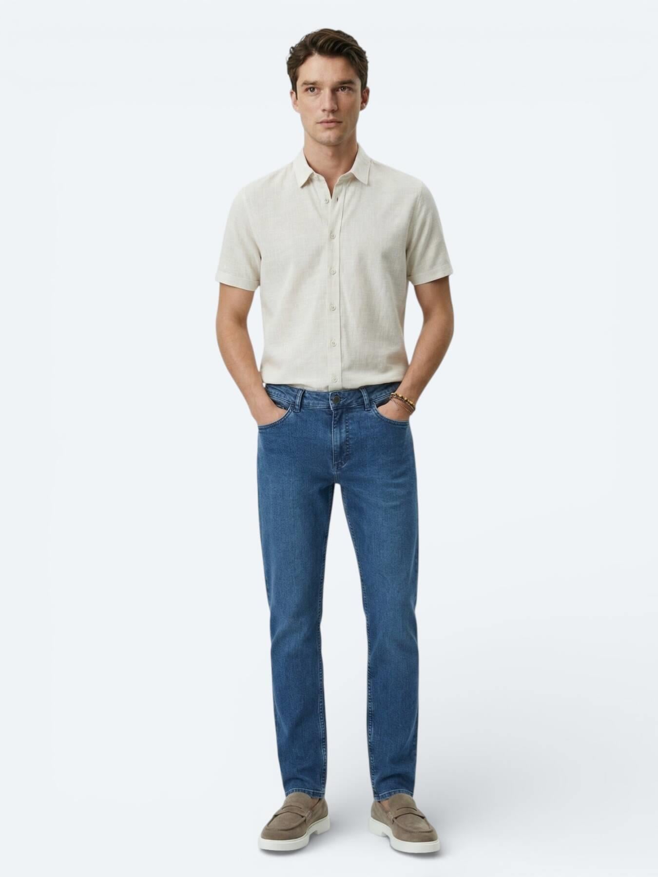 Bej Desenli Regular Fit Kısa Casual Gömlek