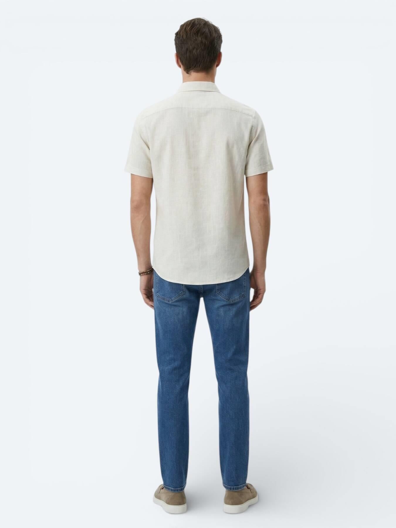 Bej Desenli Regular Fit Kısa Casual Gömlek