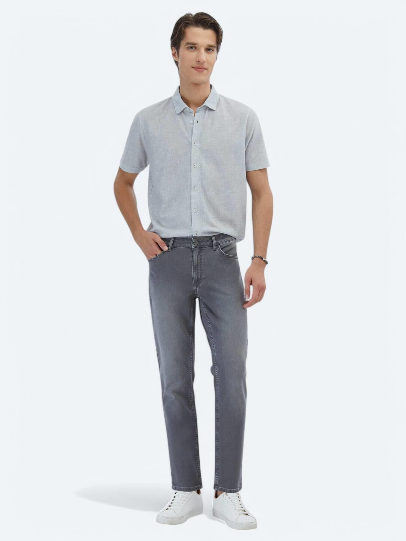 Gri Desenli Regular Fit Kısa Casual Gömlek
