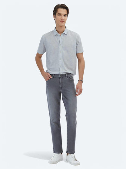 Gri Desenli Regular Fit Kısa Casual Gömlek