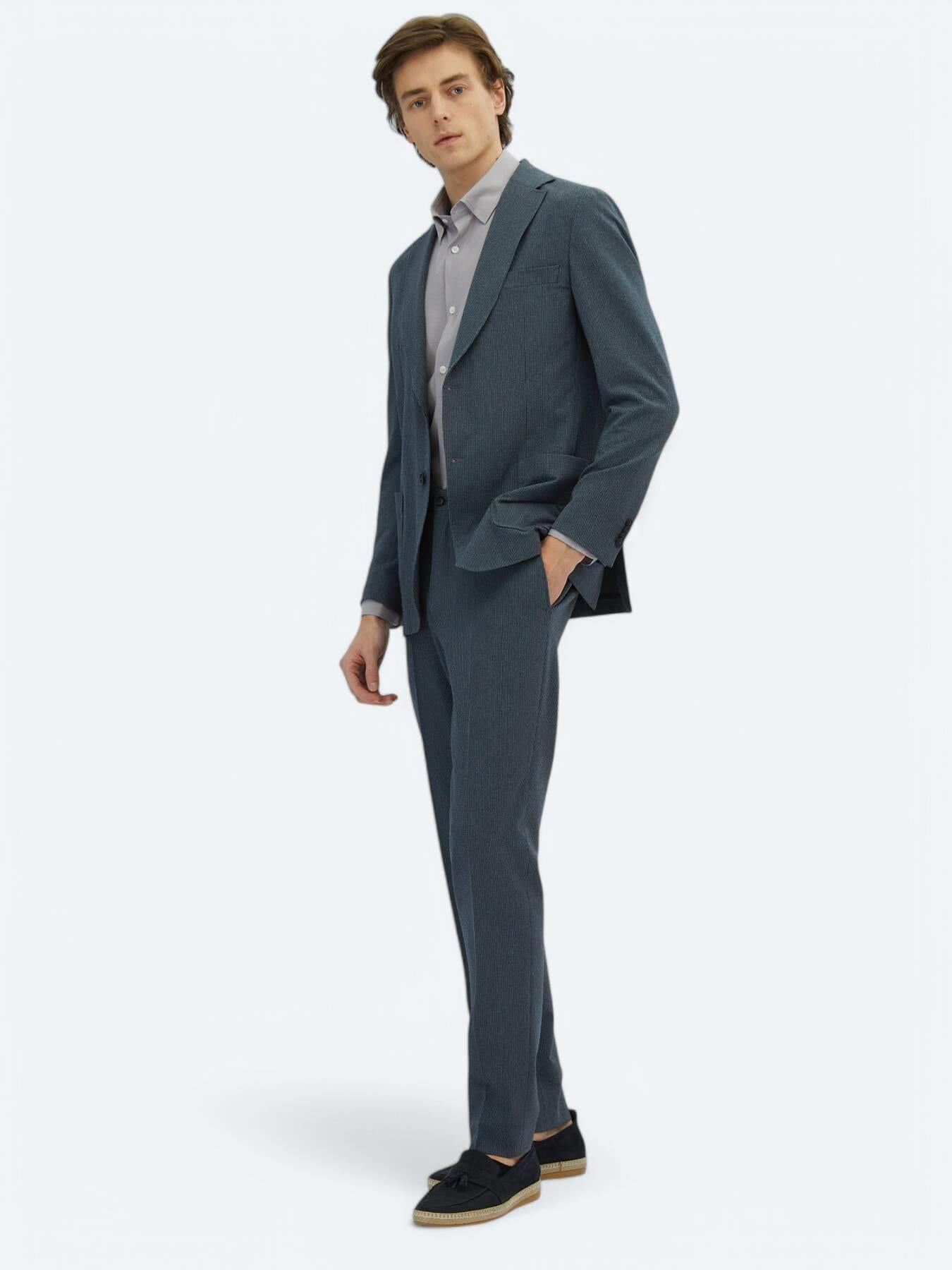 Açık Lacivert Çizgili Modern Fit Örme Takım Elbise