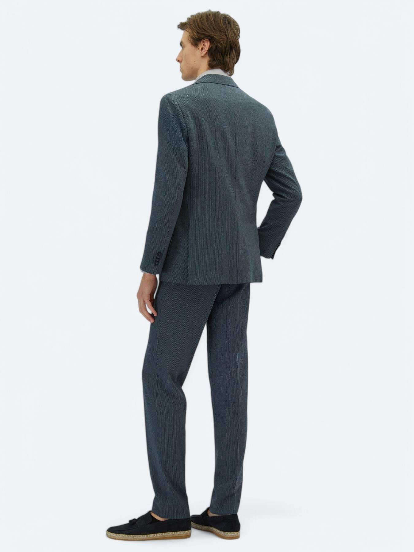 Açık Lacivert Çizgili Modern Fit Örme Takım Elbise