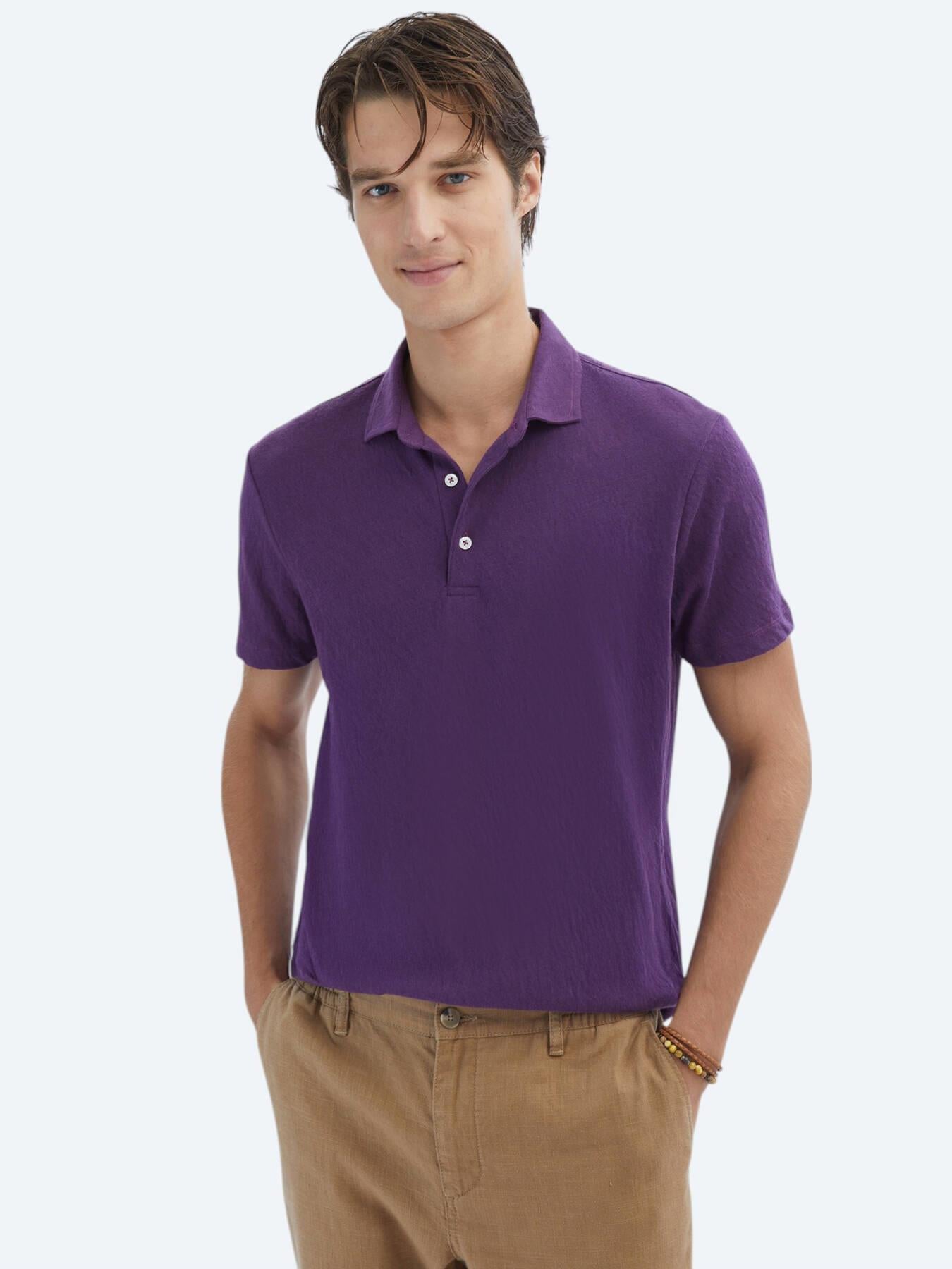 Mor Düz Polo Yaka Pamuk Karışımlı T-shirt