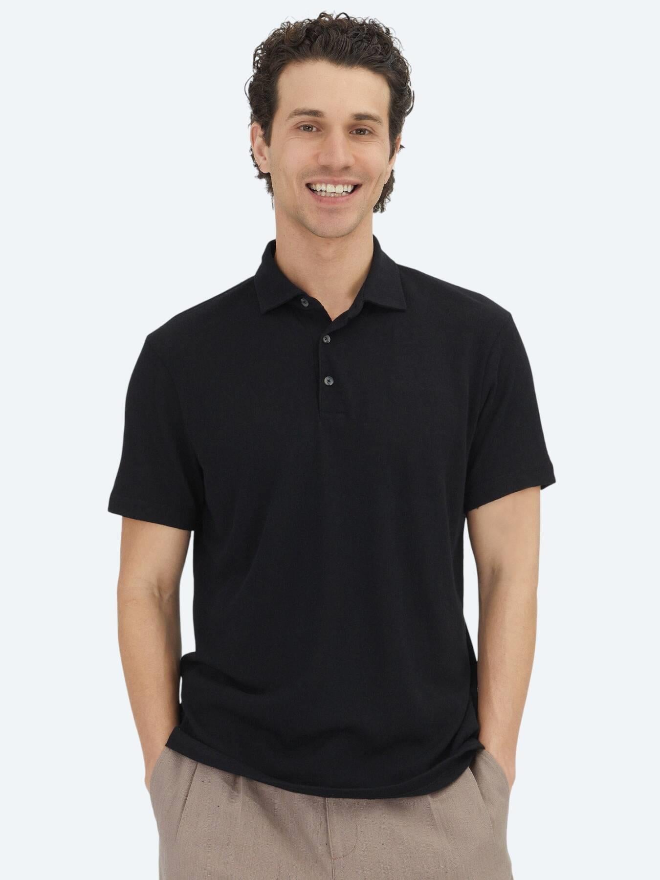 Siyah Düz Polo Yaka Pamuk Karışımlı T-shirt