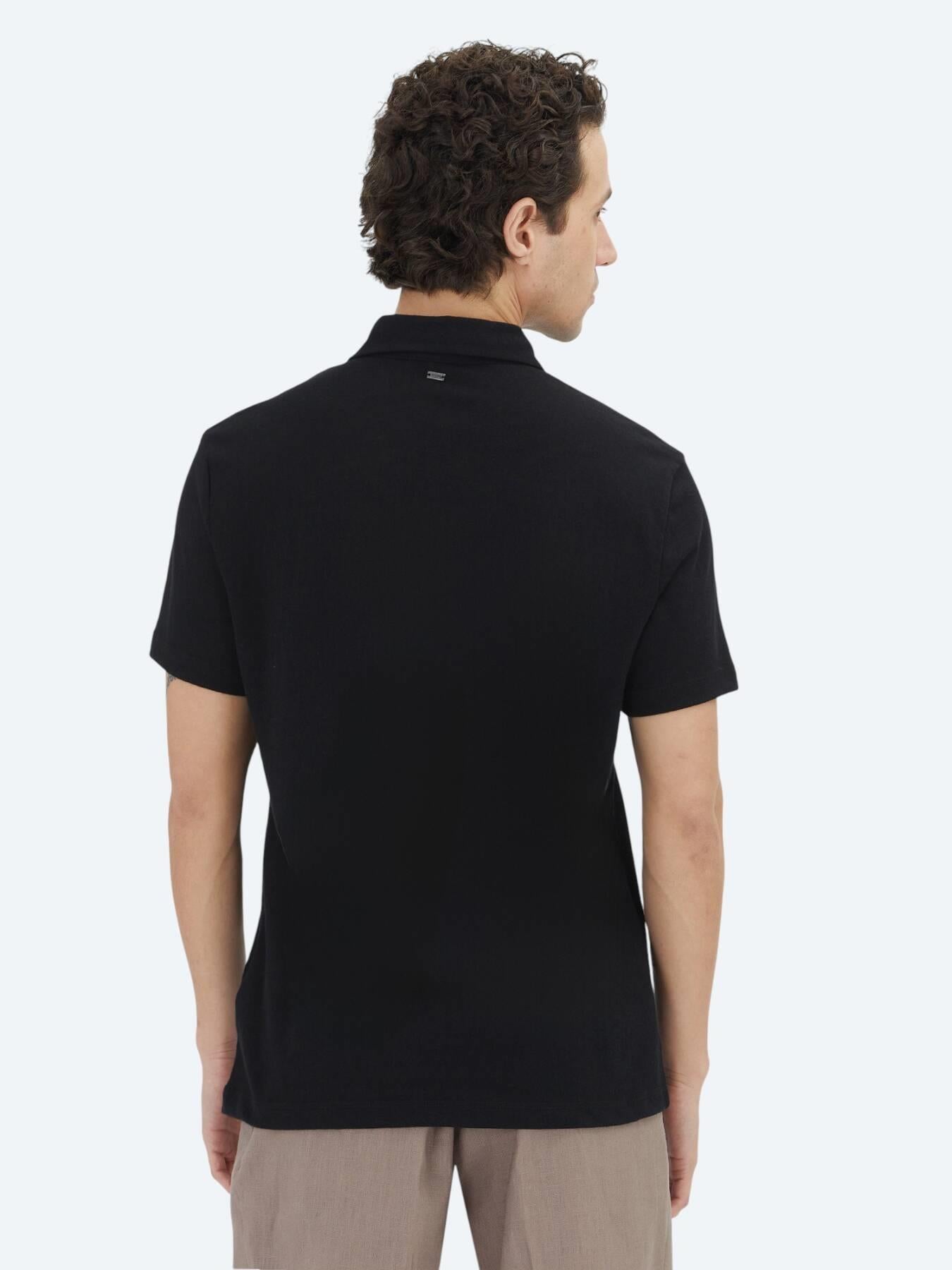 Siyah Düz Polo Yaka Pamuk Karışımlı T-shirt