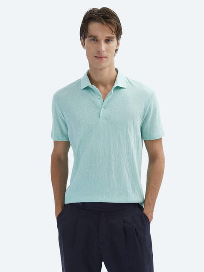 Su Yeşili Düz Polo Yaka Pamuk Karışımlı T-shirt