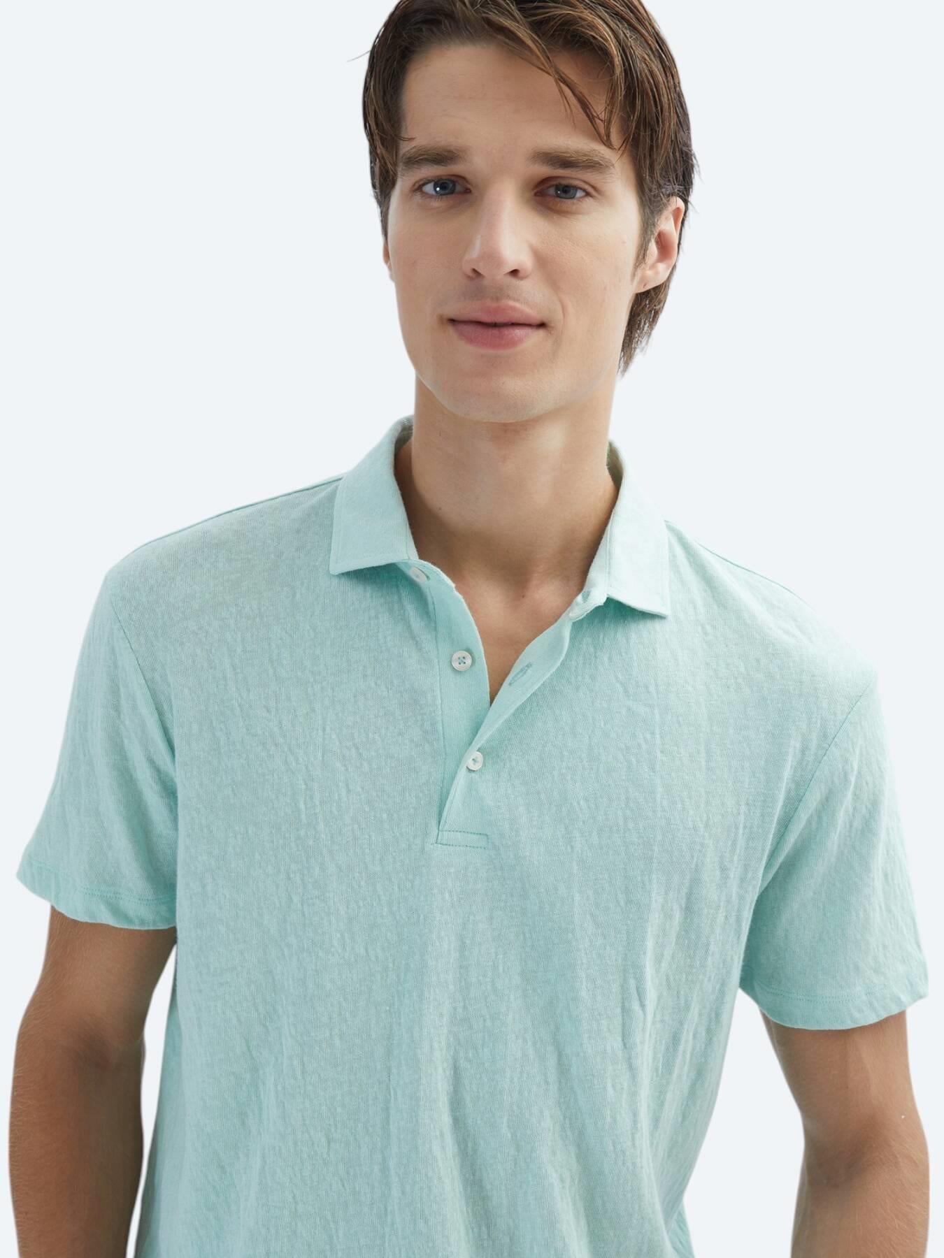 Su Yeşili Düz Polo Yaka Pamuk Karışımlı T-shirt