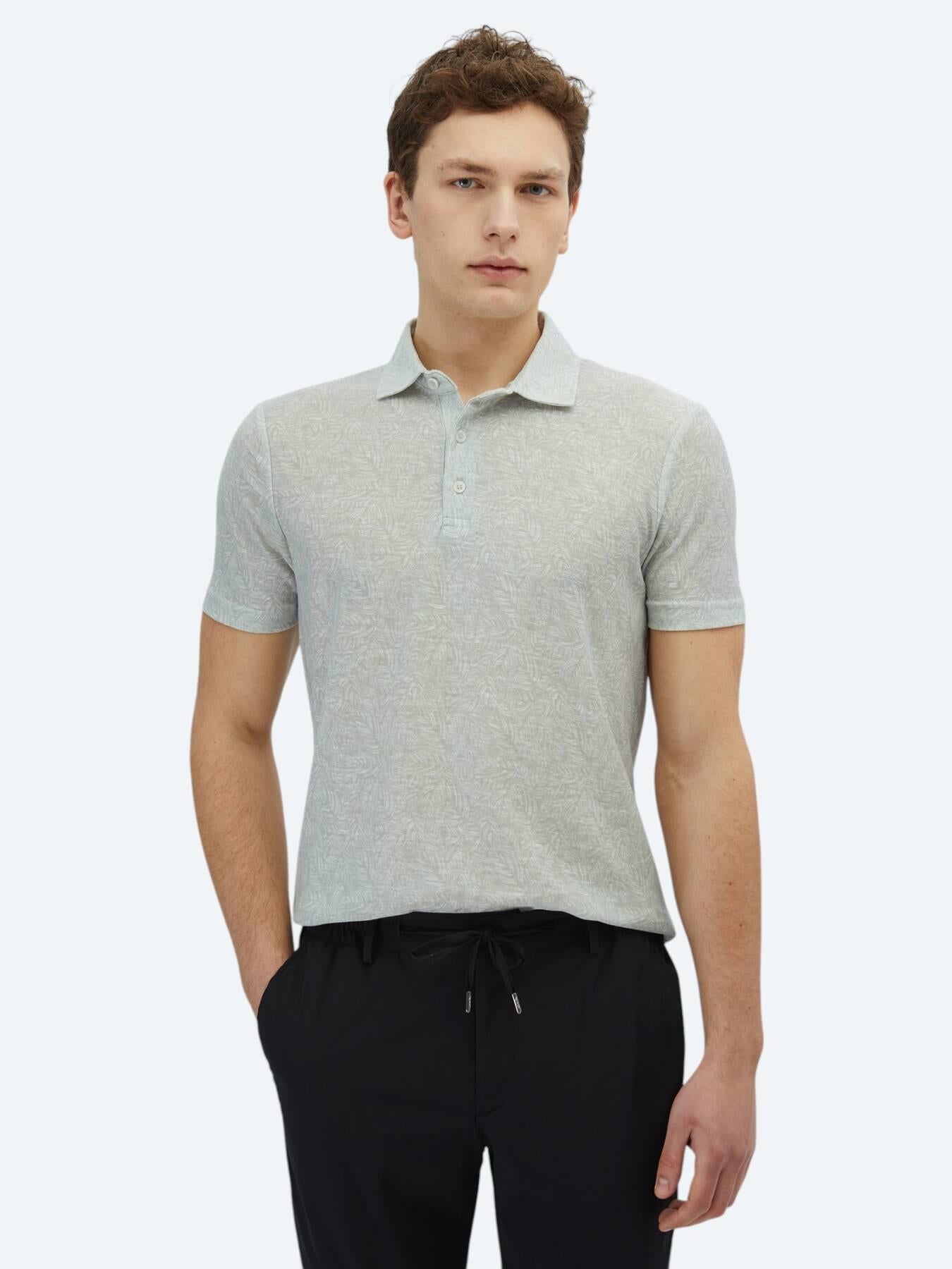 Açık Haki Baskılı Polo Yaka Pamuk Karışımlı T-shirt