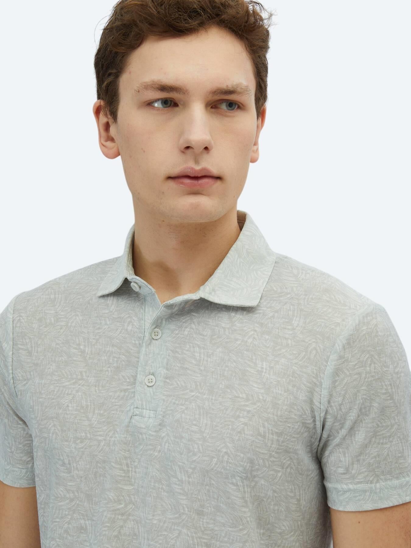Açık Haki Baskılı Polo Yaka Pamuk Karışımlı T-shirt