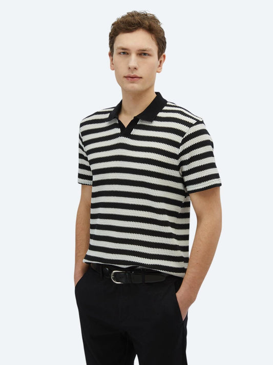 Siyah Çizgili Polo Yaka Pamuk Karışımlı T-shirt