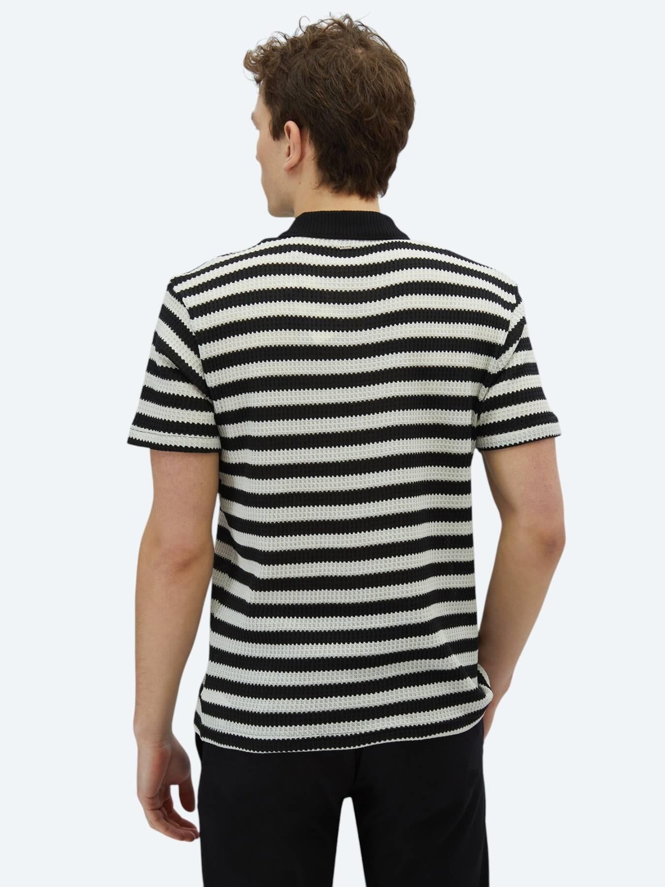 Siyah Çizgili Polo Yaka Pamuk Karışımlı T-shirt