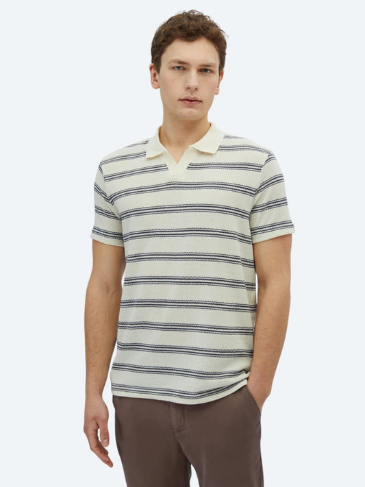 Lacivert Çizgili Polo Yaka Pamuk Karışımlı T-shirt