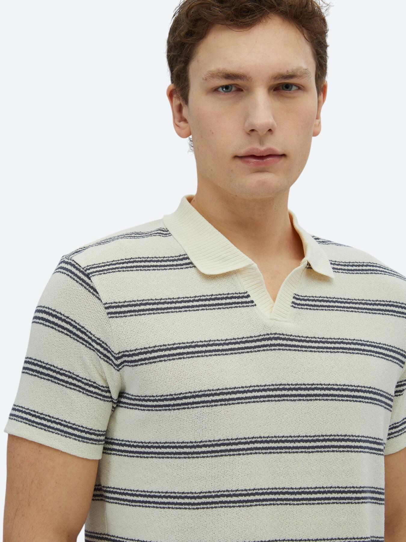 Lacivert Çizgili Polo Yaka Pamuk Karışımlı T-shirt