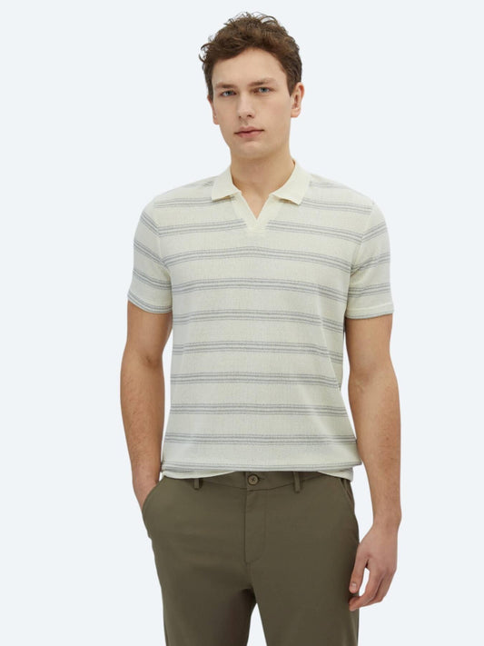 Gri Çizgili Polo Yaka Pamuk Karışımlı T-shirt