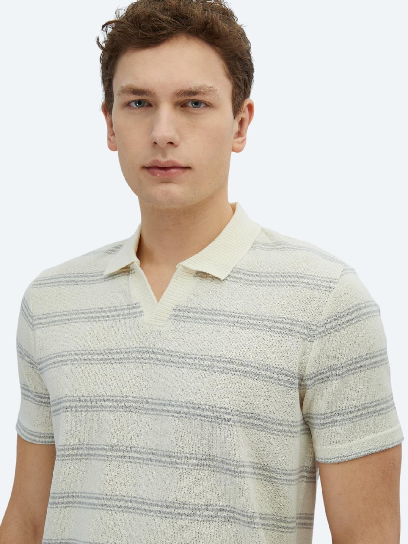 Gri Çizgili Polo Yaka Pamuk Karışımlı T-shirt