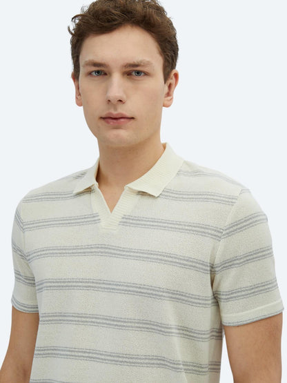 Gri Çizgili Polo Yaka Pamuk Karışımlı T-shirt