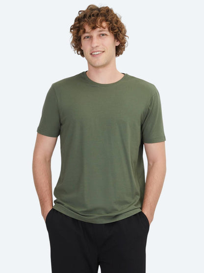 Haki Düz Bisiklet Yaka Pamuk Karışımlı T-shirt