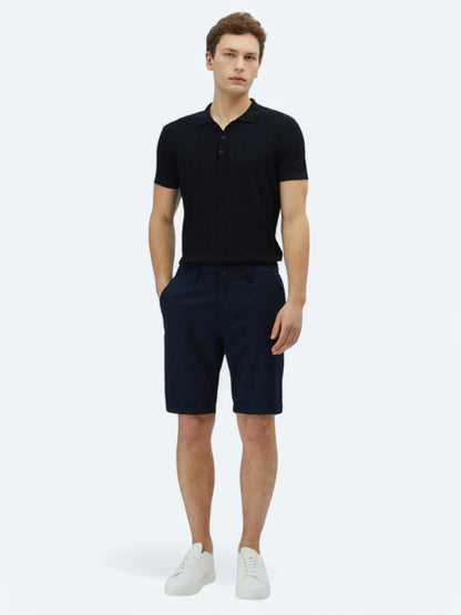 Lacivert Düz Dokuma Slim Fit Casual Pamuk Karışımlı Bermuda