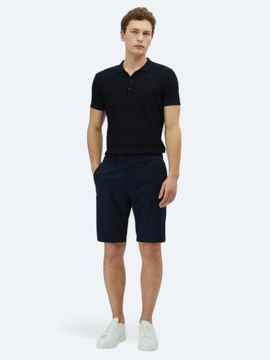 Lacivert Düz Dokuma Slim Fit Casual Pamuk Karışımlı Bermuda