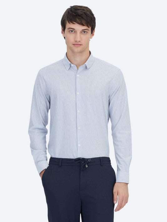 Mavi Çizgili Regular Fit Uzun Casual Pamuk Karışımlı Gömlek