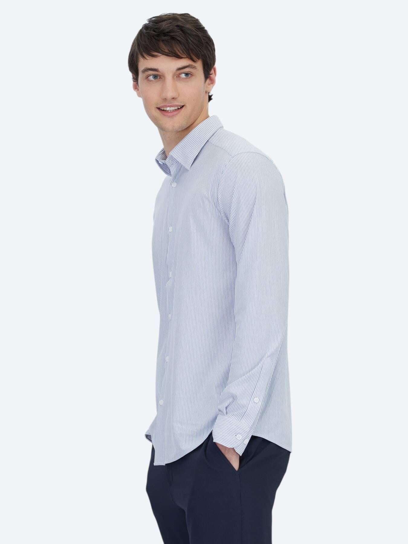 Mavi Çizgili Regular Fit Uzun Casual Pamuk Karışımlı Gömlek