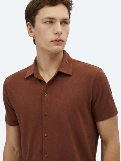 Kahverengi Düz Regular Fit Kısa Casual Pamuk Karışımlı Gömlek