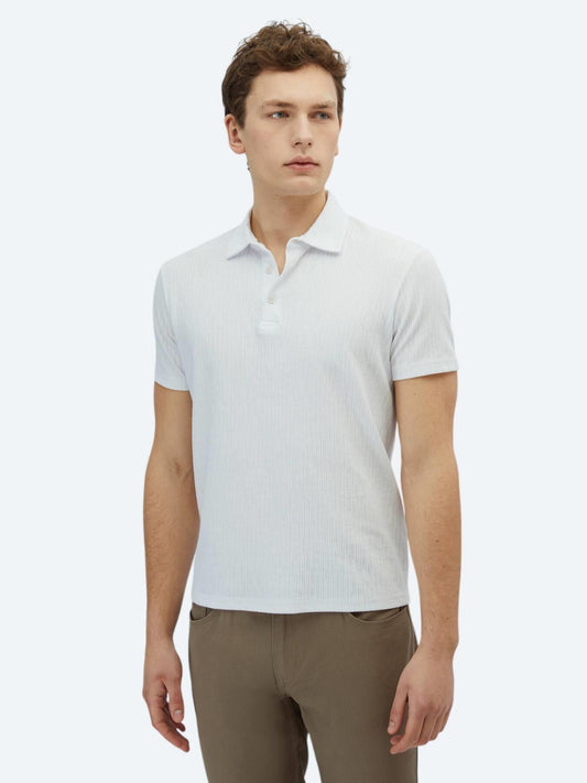 Beyaz Desenli Polo Yaka Pamuk Karışımlı T-shirt