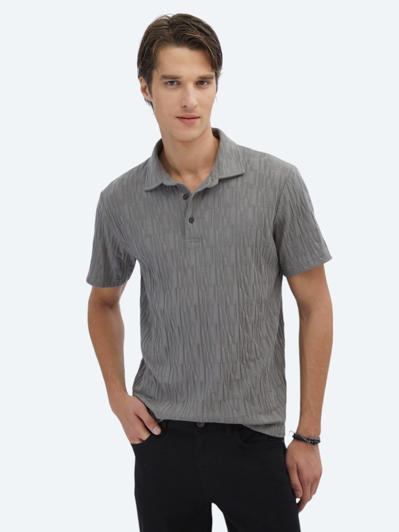 Antrasit Desenli Polo Yaka %100 Pamuk T-shirt