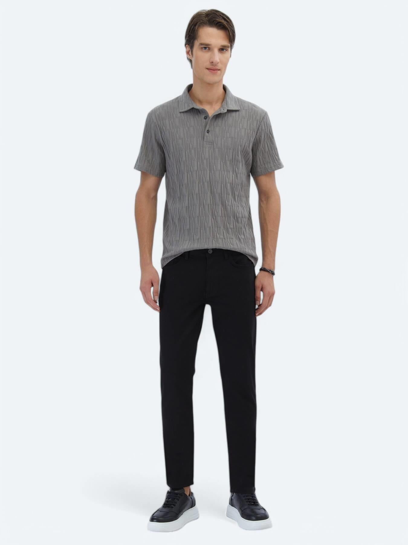 Antrasit Desenli Polo Yaka %100 Pamuk T-shirt