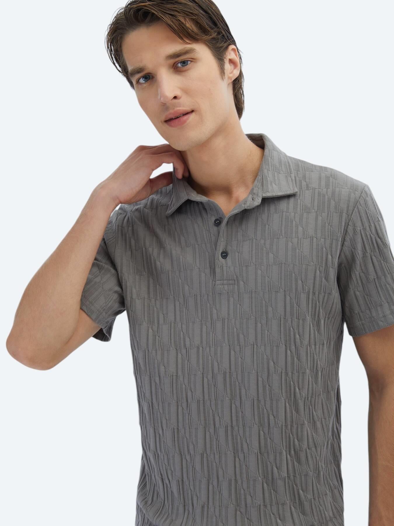 Antrasit Desenli Polo Yaka %100 Pamuk T-shirt