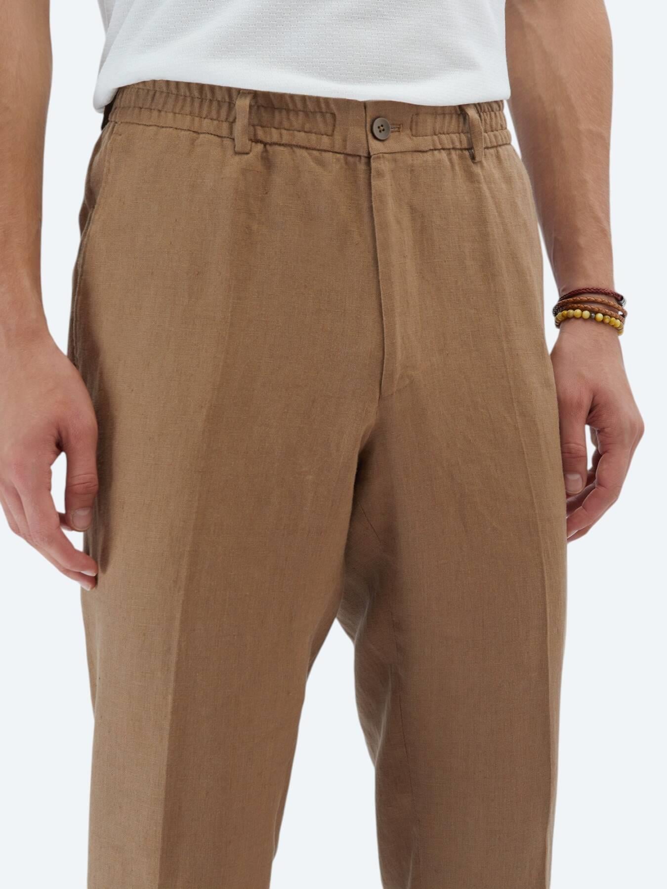 Kahverengi Düz Modern Fit %100 Keten Takım Elbise