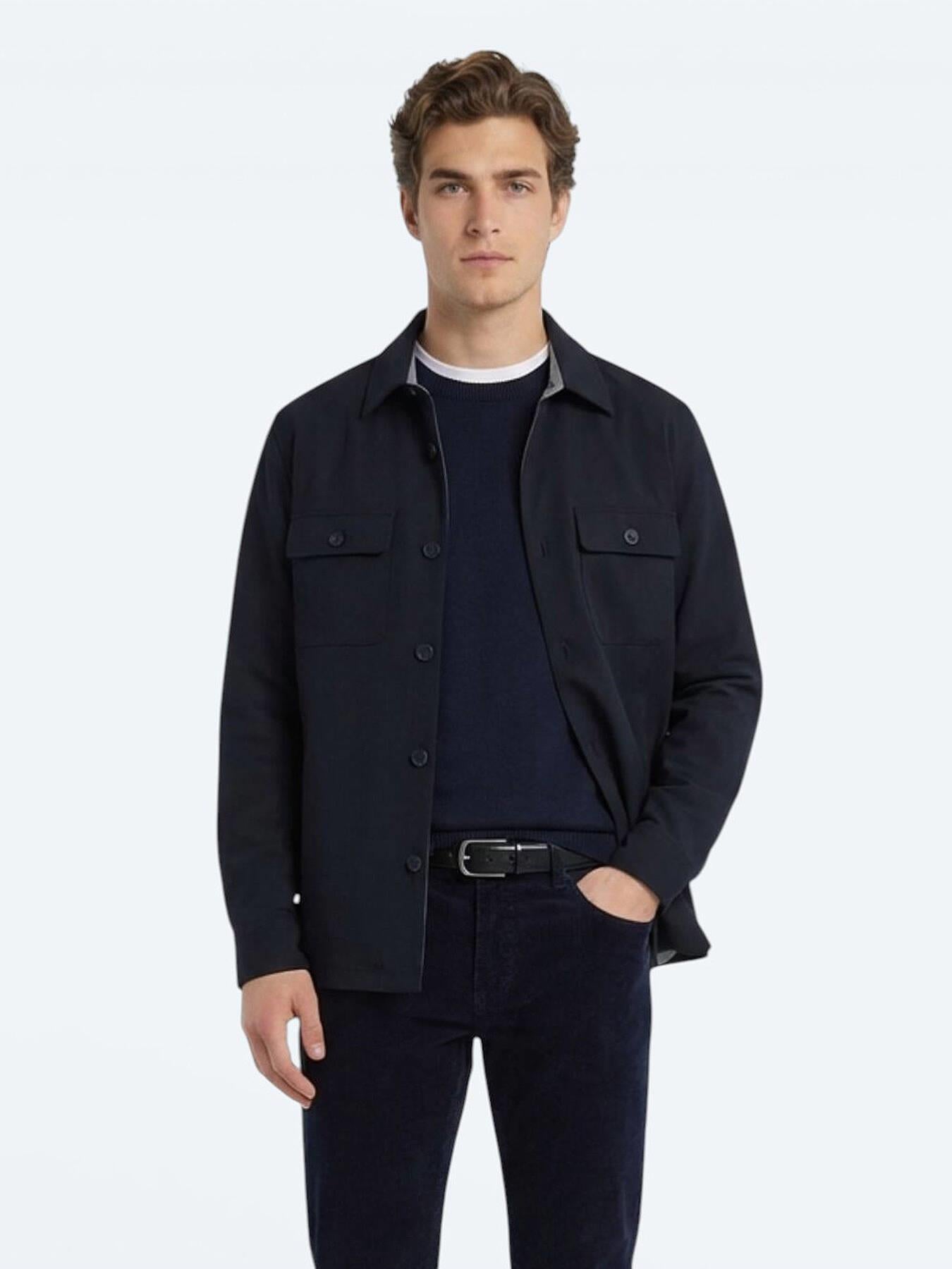 Lacivert Regular Fit Gömlek Yaka Casual Dokuma Mont