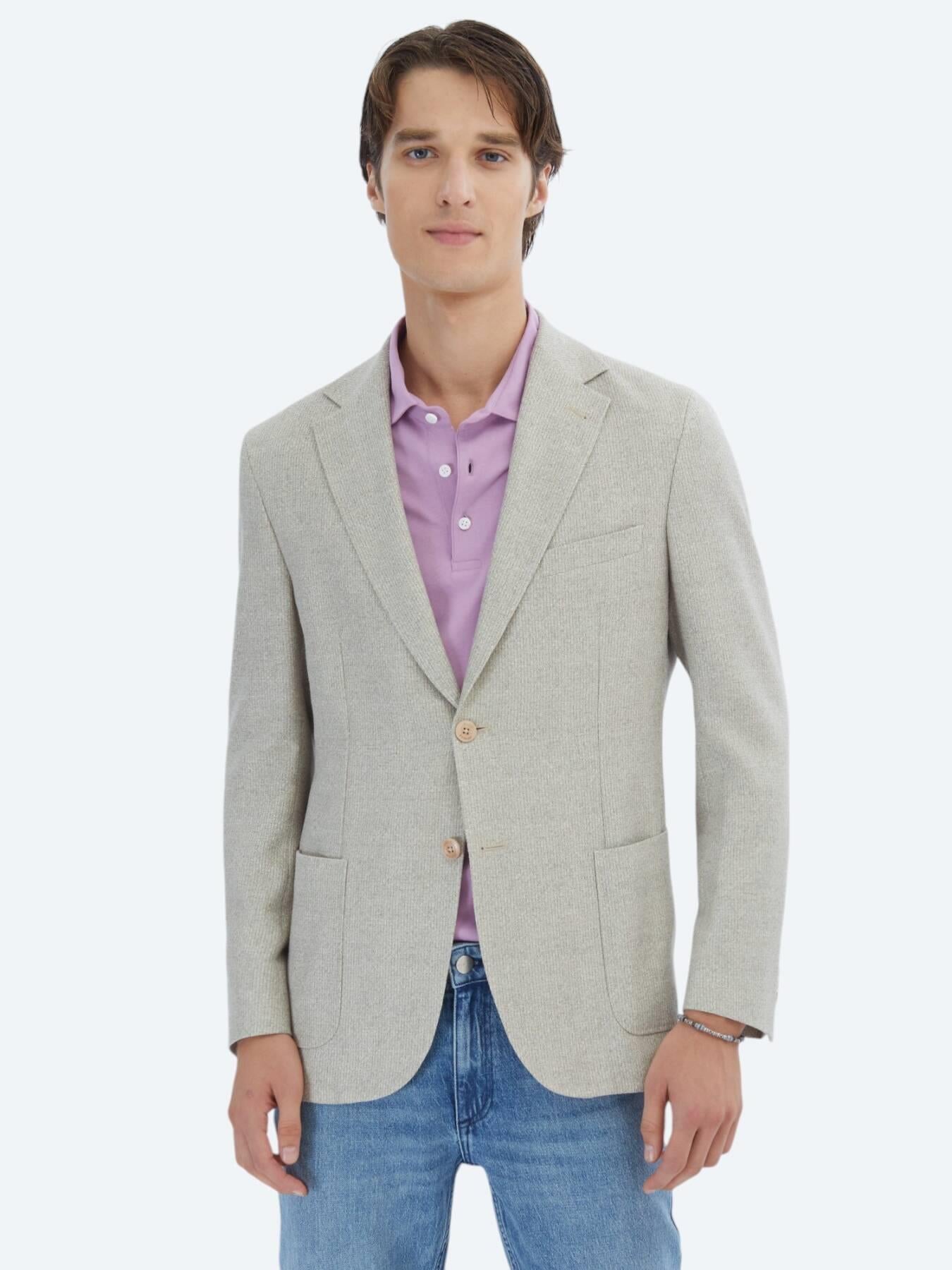 Açık Haki Desenli Modern Fit Keten Karışımlı Ceket